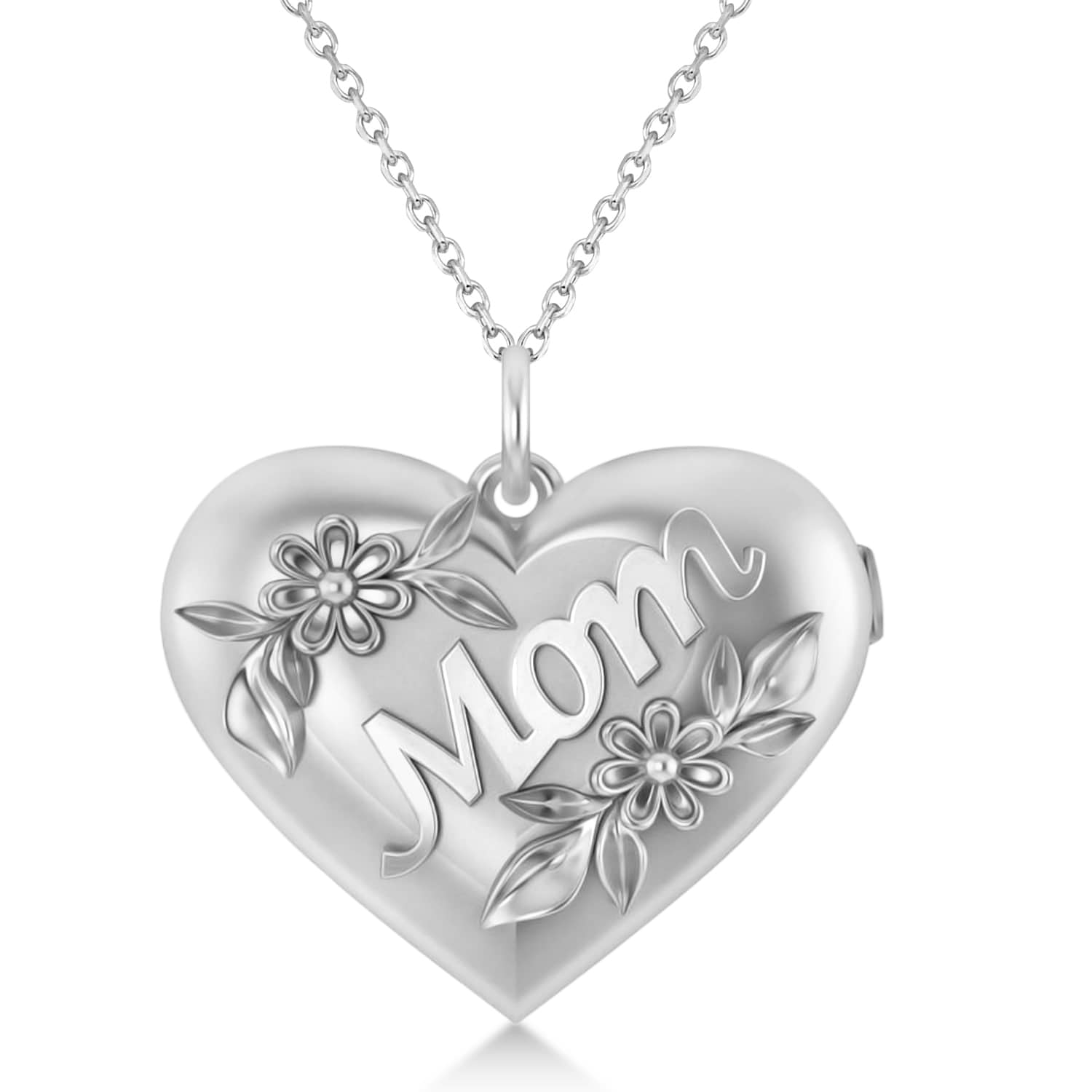 Flower Adorned Mom Heart Locket Necklace 14k White Gold