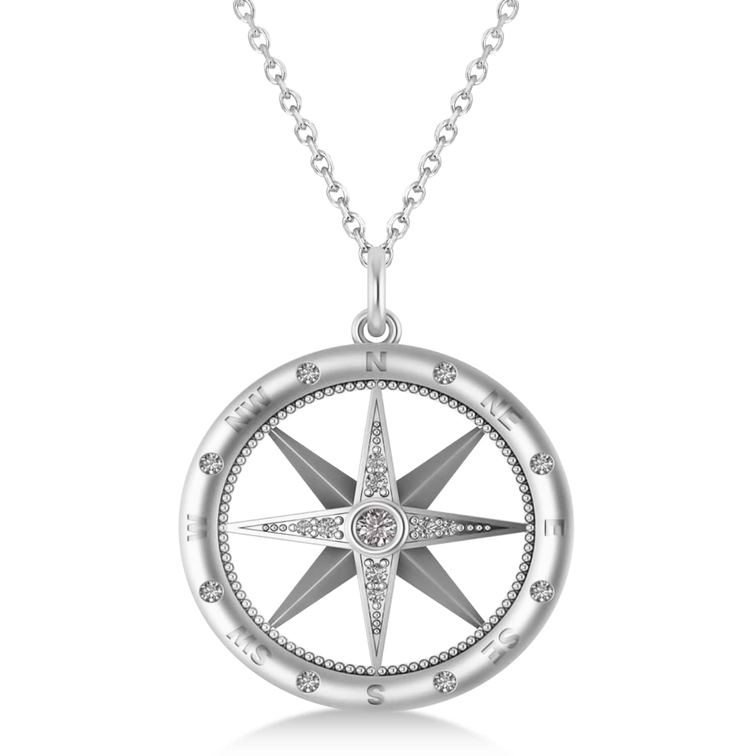 Large Compass Necklace Pendant For Men Diamond Accented 14k White Gold (0.38ct)