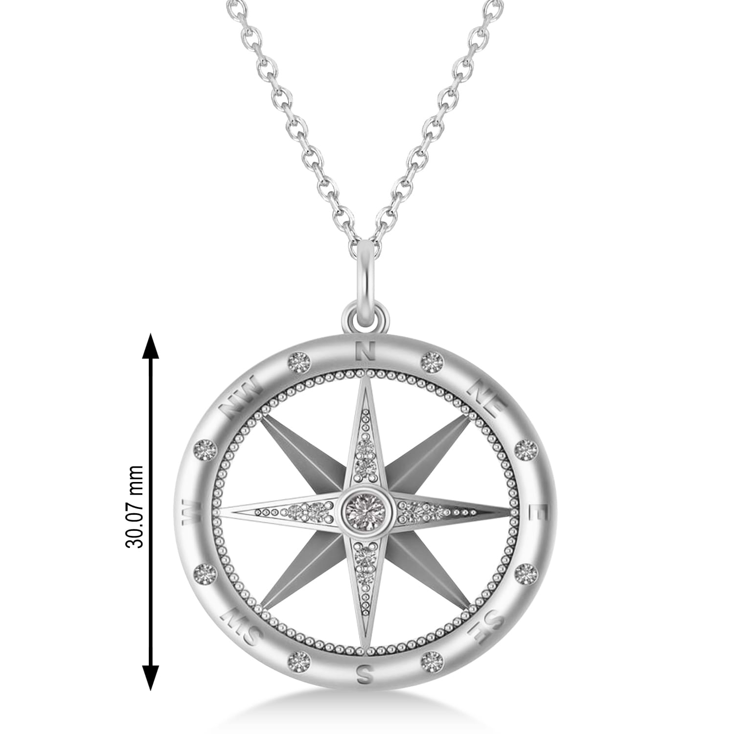 Large Compass Necklace Pendant For Men Diamond Accented 14k White Gold (0.38ct)