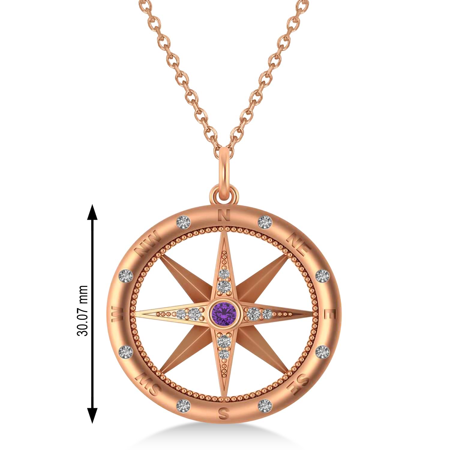 Large Compass Pendant For Men Amethyst & Diamond Accented 14k Rose Gold (0.38ct)