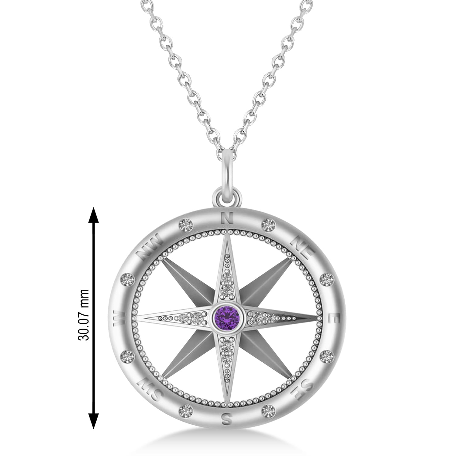 Large Compass Pendant For Men Amethyst & Diamond Accented 14k White Gold (0.38ct)