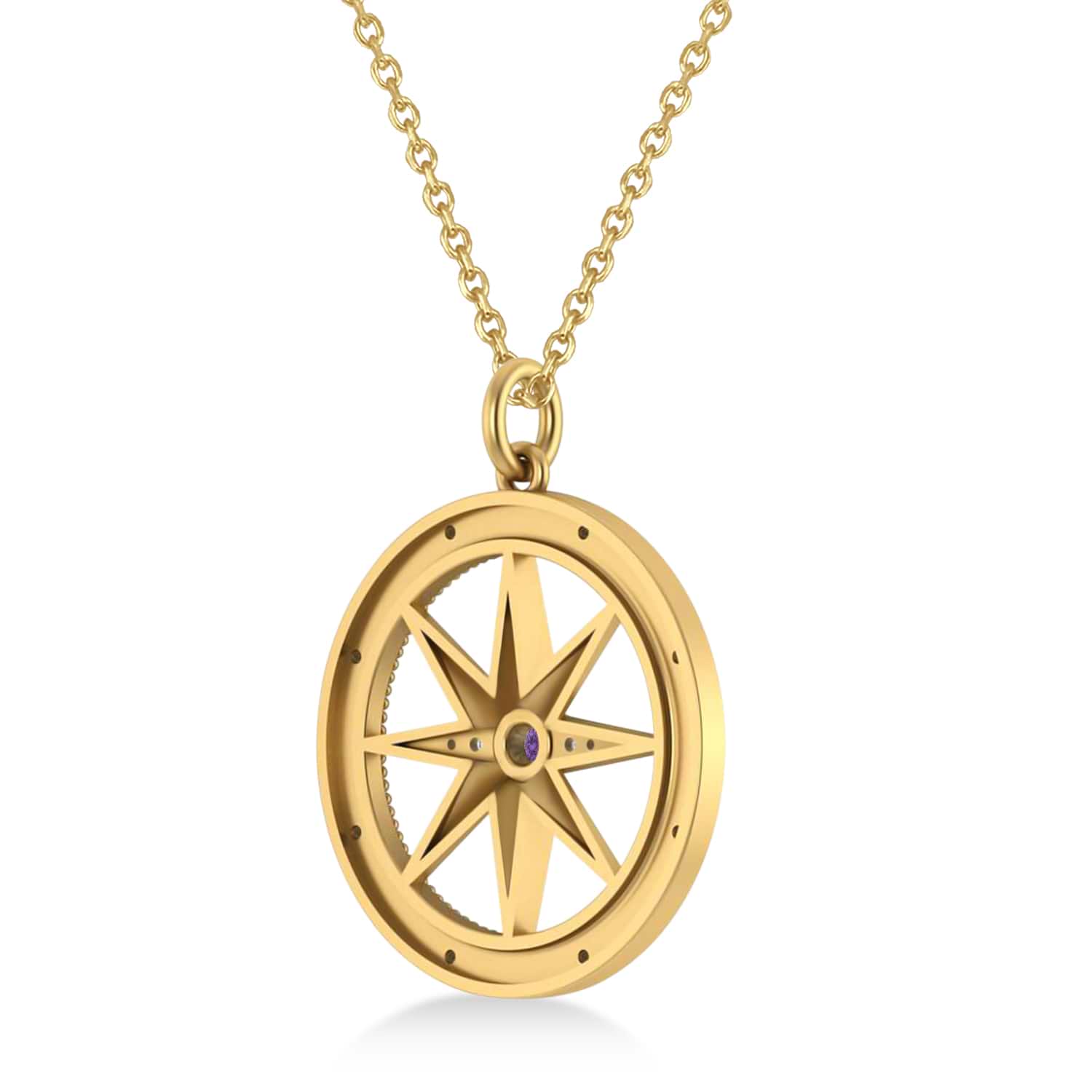 Large Compass Pendant For Men Amethyst & Diamond Accented 14k Yellow Gold (0.38ct)