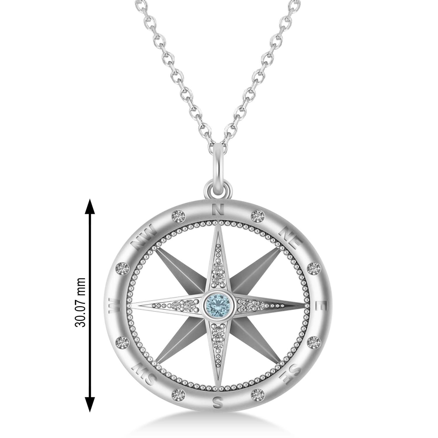 Large Compass Pendant For Men Aquamarine & Diamond Accented 14k White Gold (0.38ct)