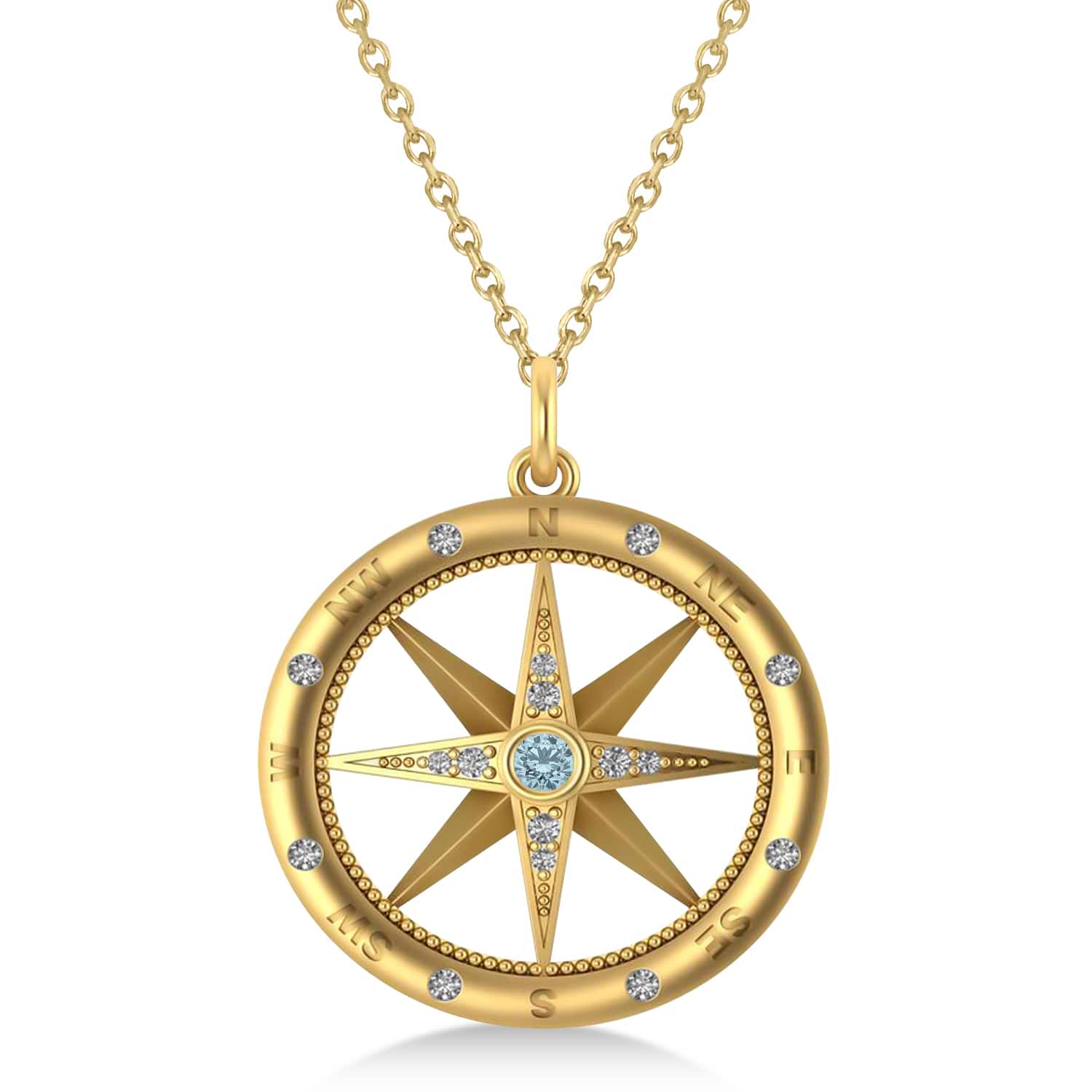 Large Compass Pendant For Men Aquamarine & Diamond Accented 14k Yellow Gold (0.38ct)