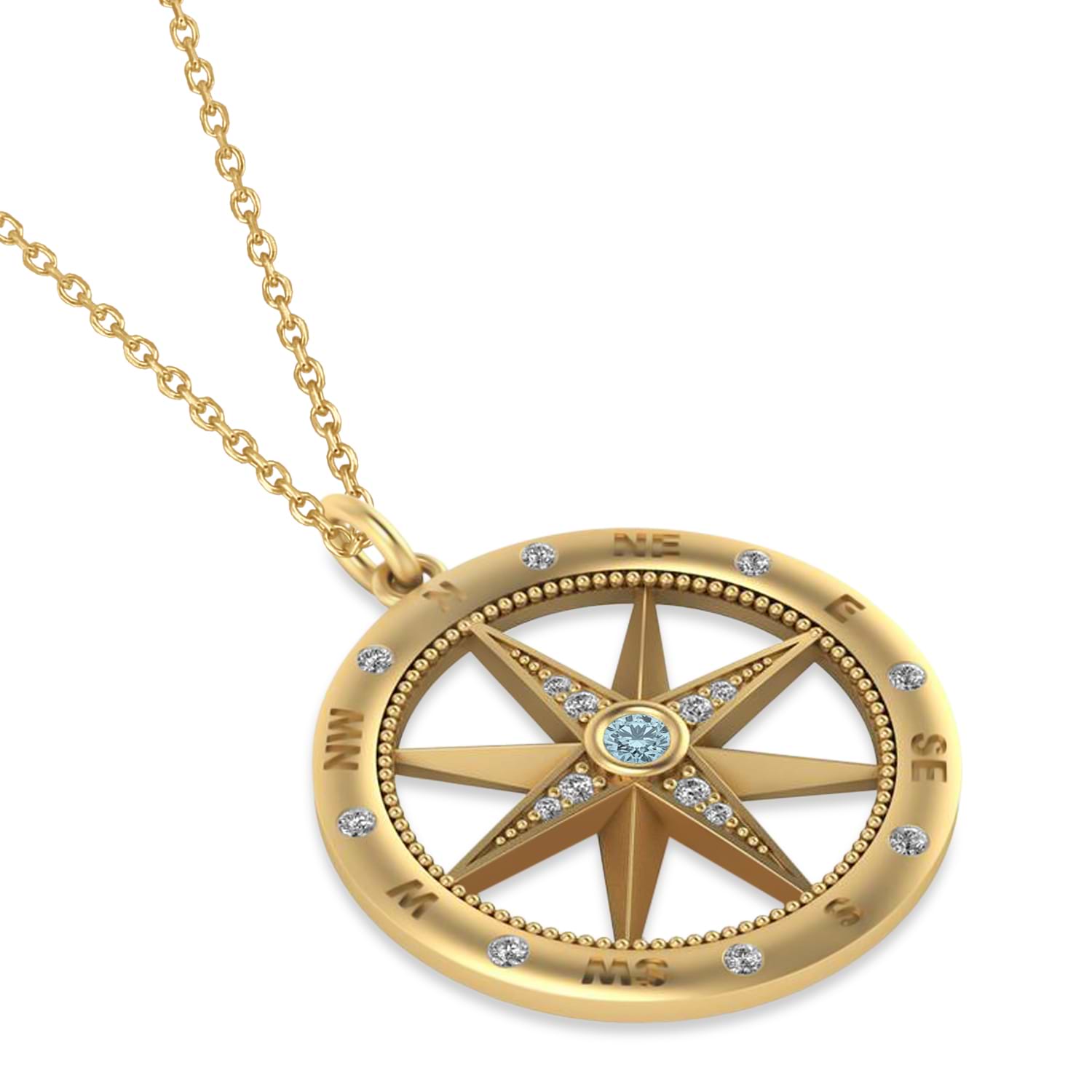 Large Compass Pendant For Men Aquamarine & Diamond Accented 14k Yellow Gold (0.38ct)