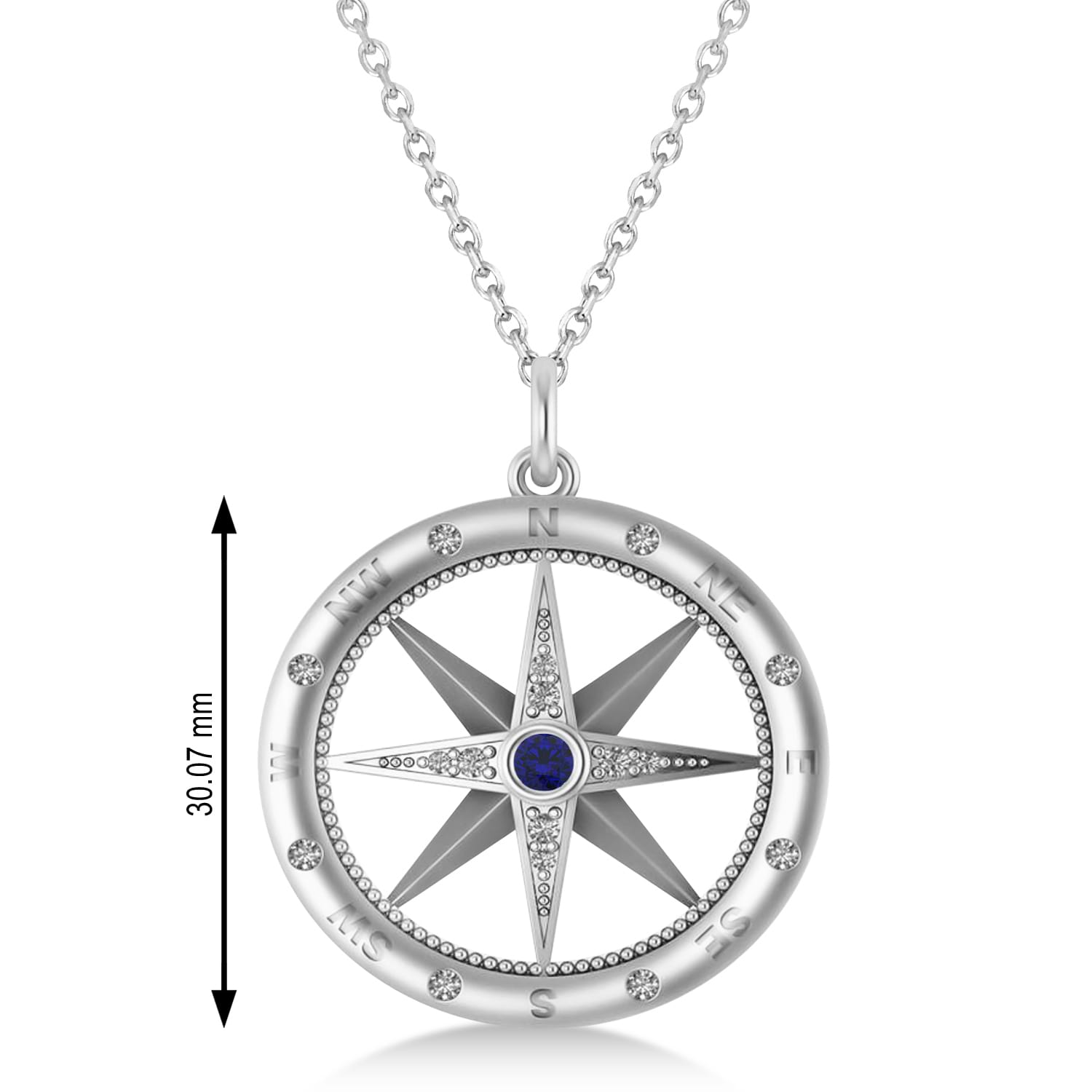 Large Compass Pendant For Men Blue Sapphire & Diamond Accented 14k White Gold (0.38ct)