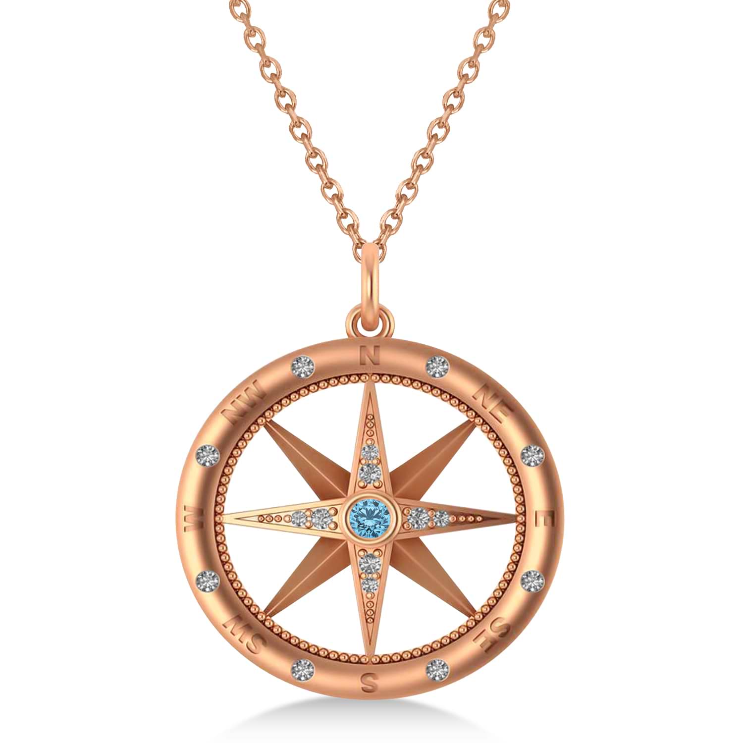 Large Compass Pendant For Men Blue Topaz & Diamond Accented 14k Rose Gold (0.38ct)