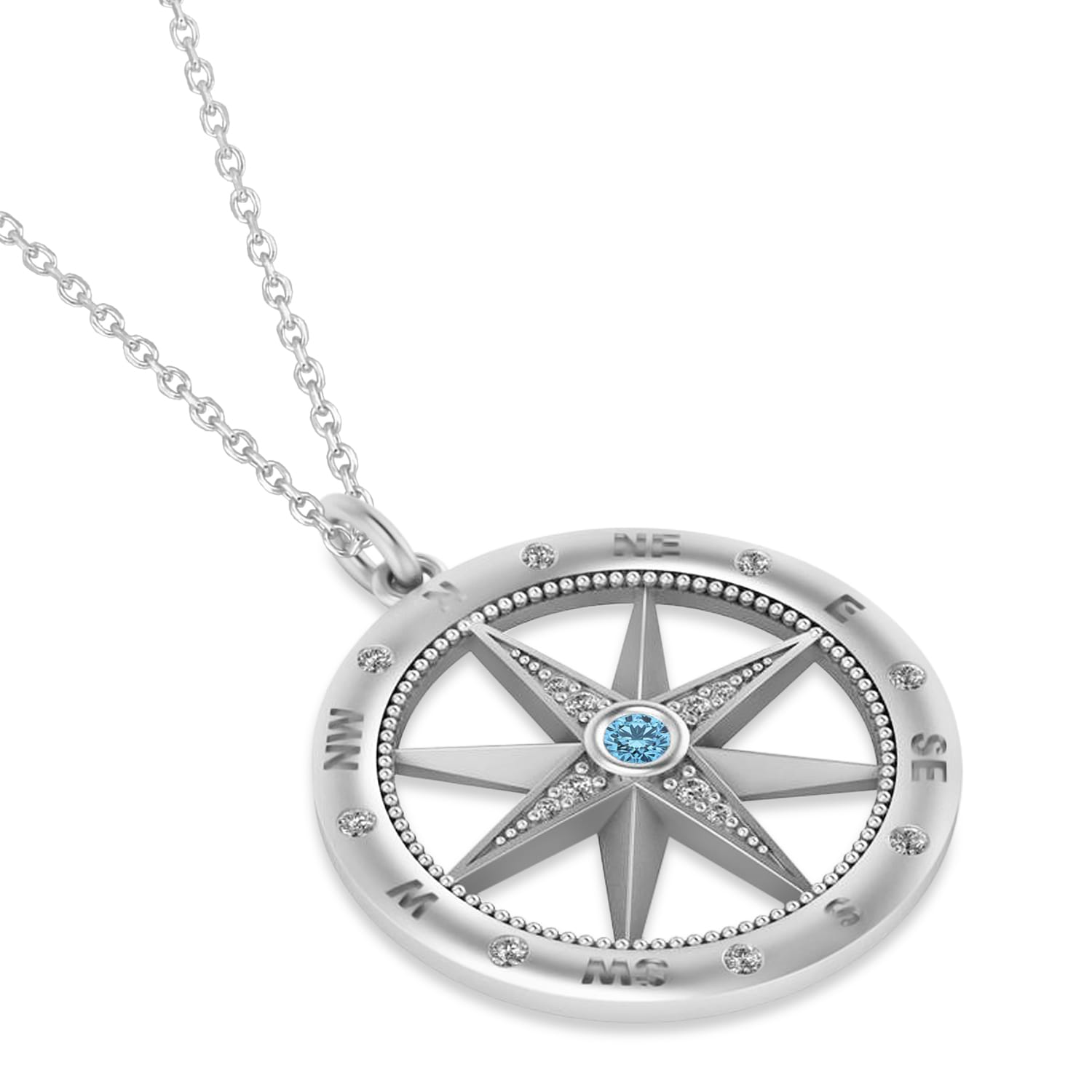 Large Compass Pendant For Men Blue Topaz & Diamond Accented 14k White Gold (0.38ct)