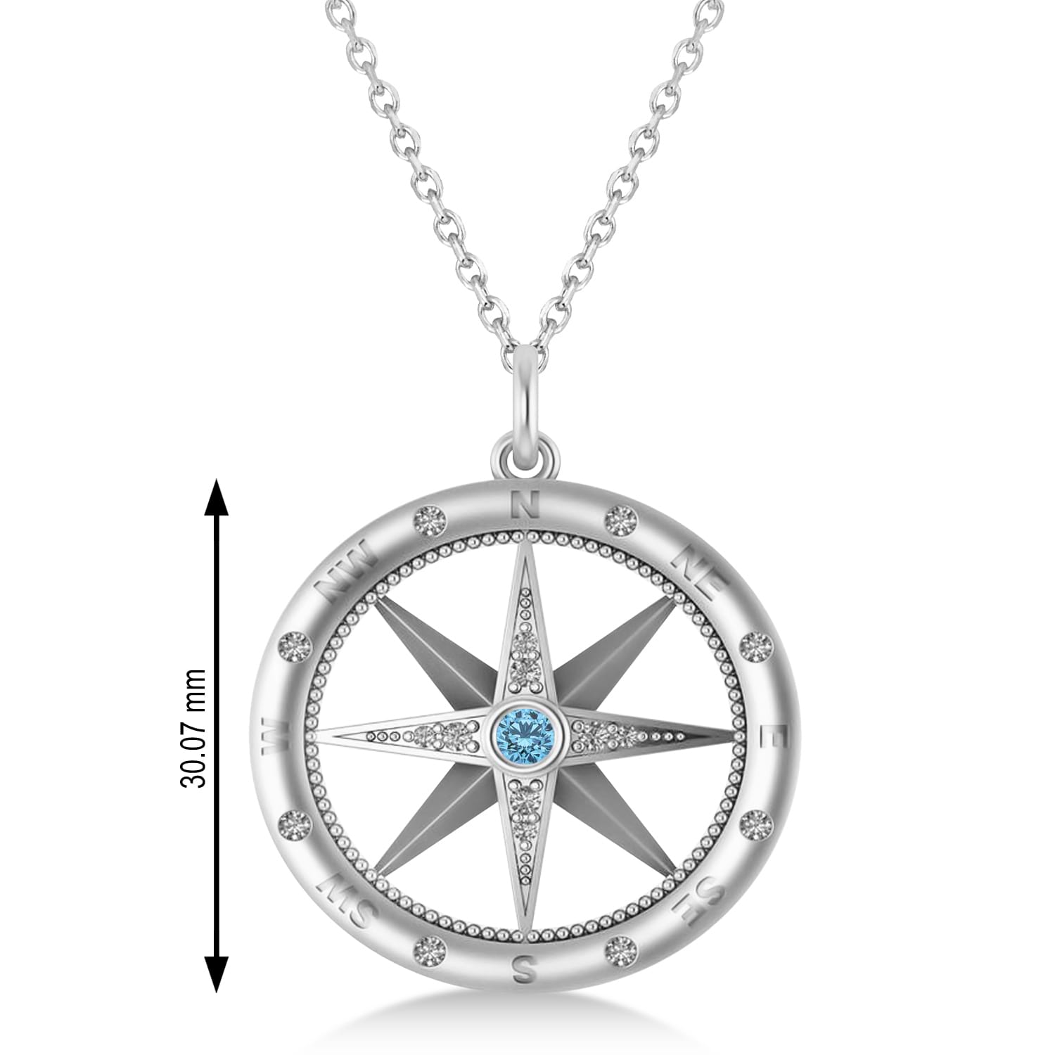 Large Compass Pendant For Men Blue Topaz & Diamond Accented 14k White Gold (0.38ct)