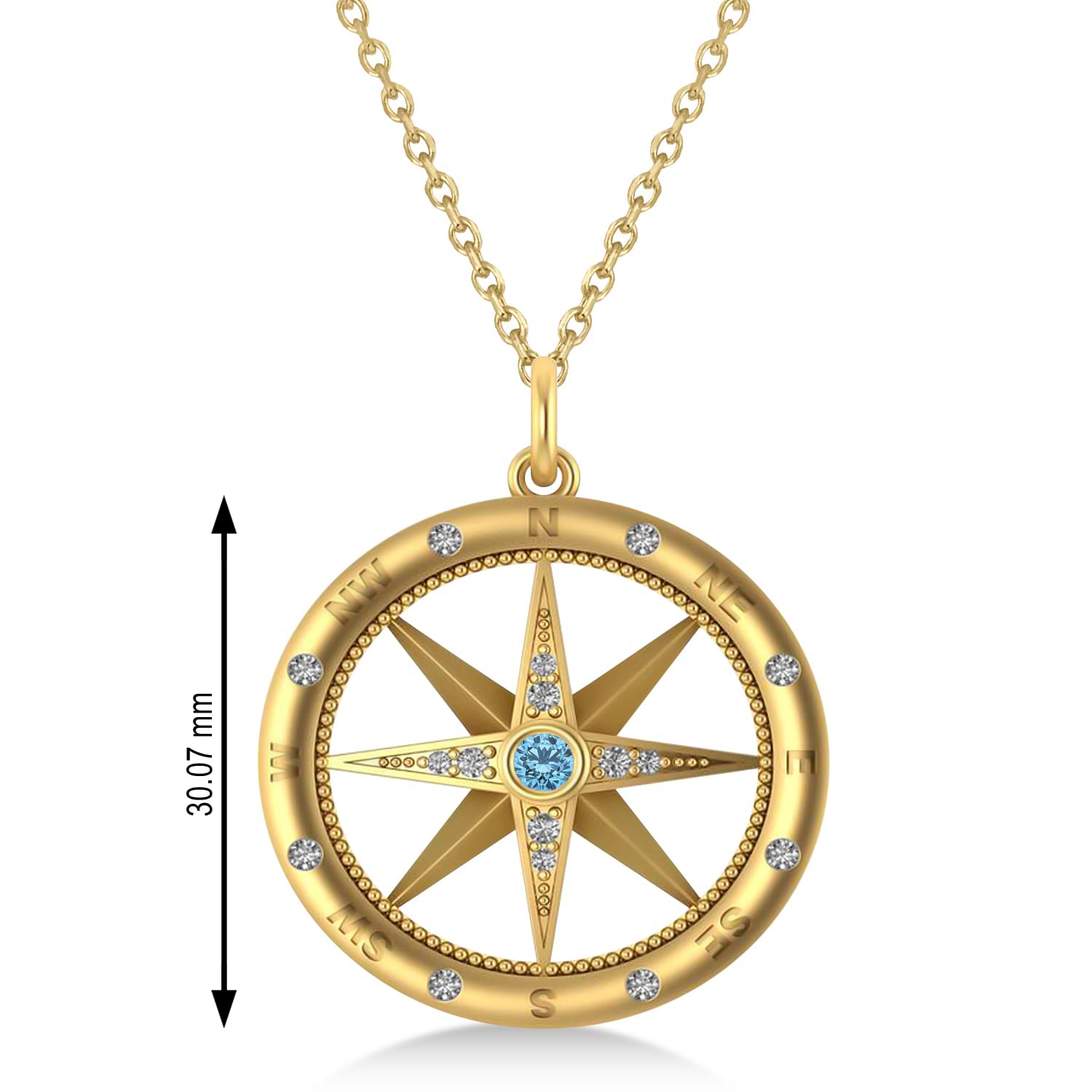 Large Compass Pendant For Men Blue Topaz & Diamond Accented 14k Yellow Gold (0.38ct)