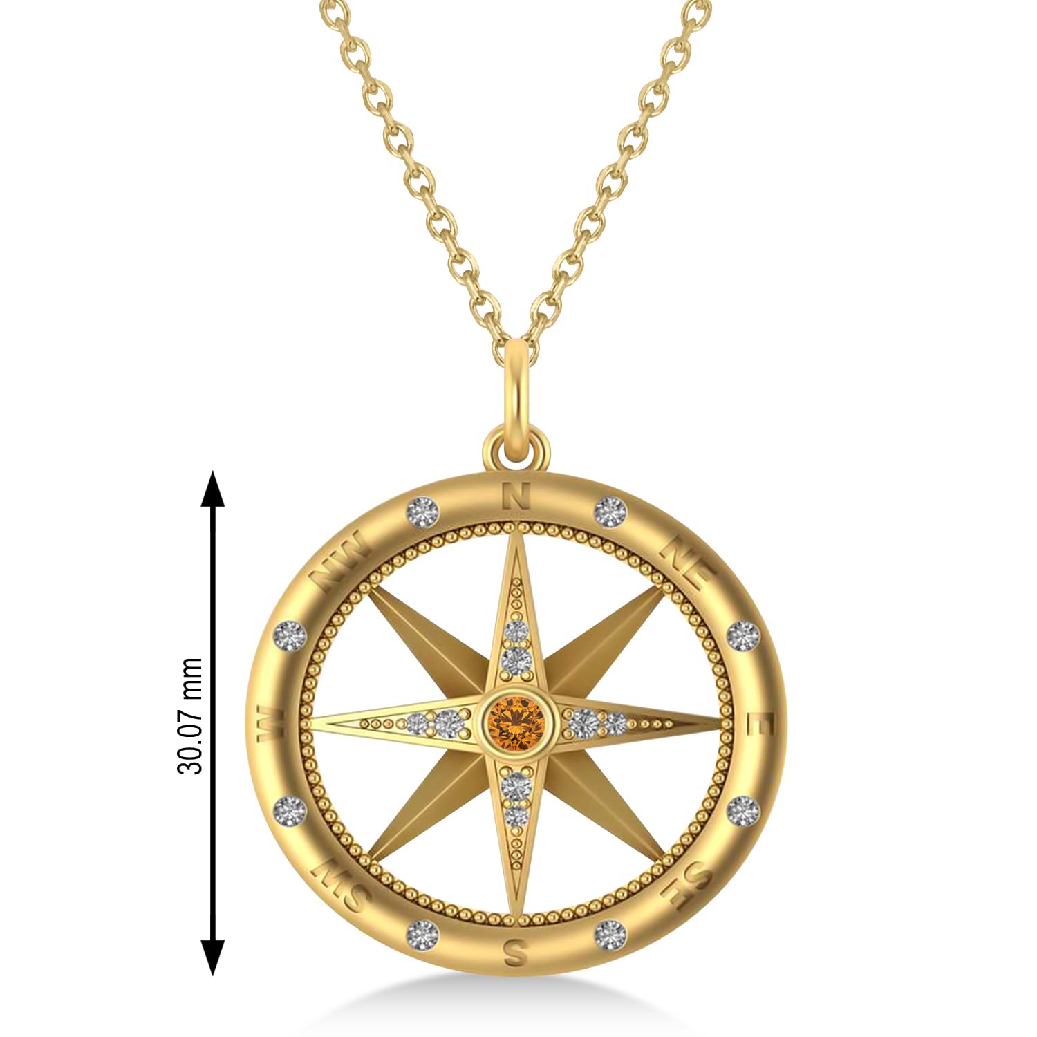 Large Compass Pendant For Men Citrine & Diamond Accented 14k Yellow Gold (0.38ct)