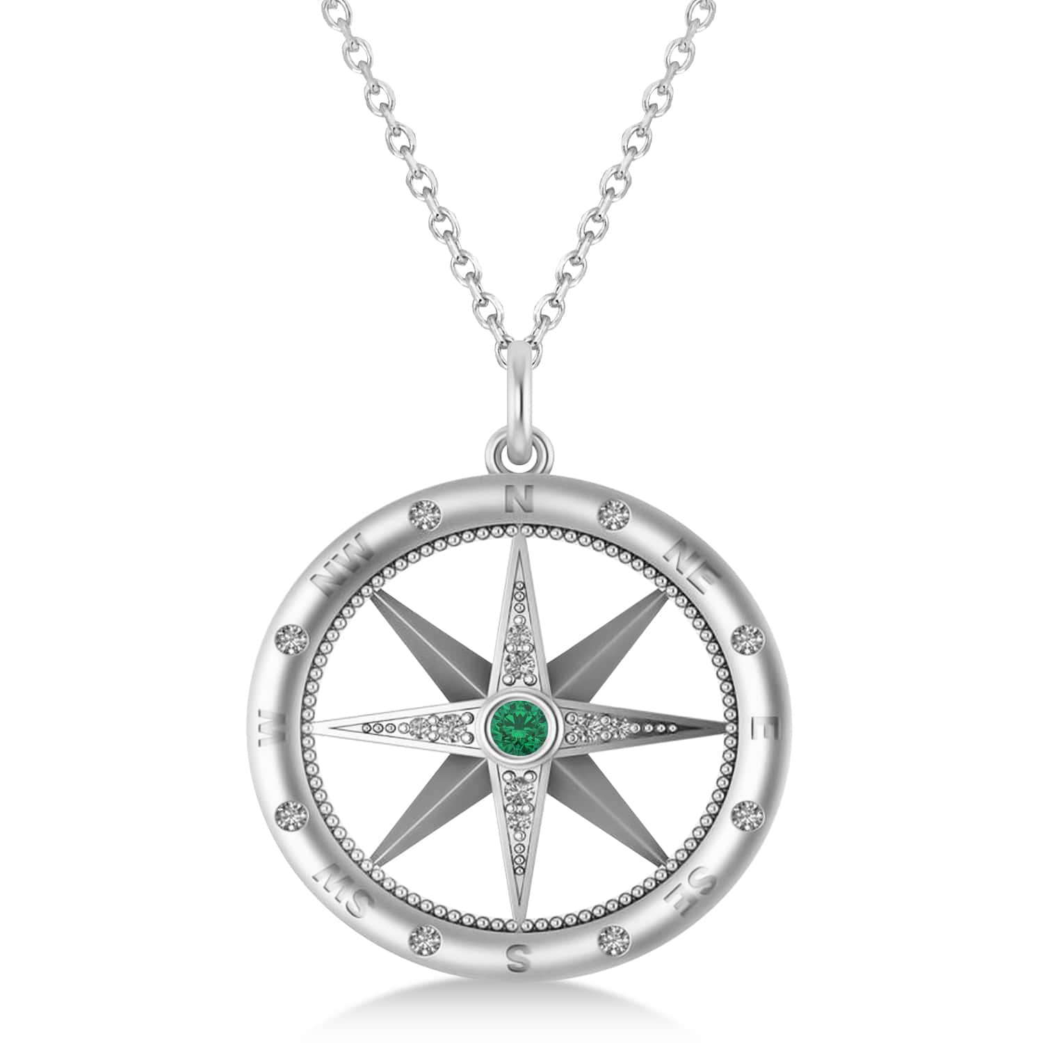 Large Compass Pendant For Men Emerald & Diamond Accented 14k White Gold (0.38ct)