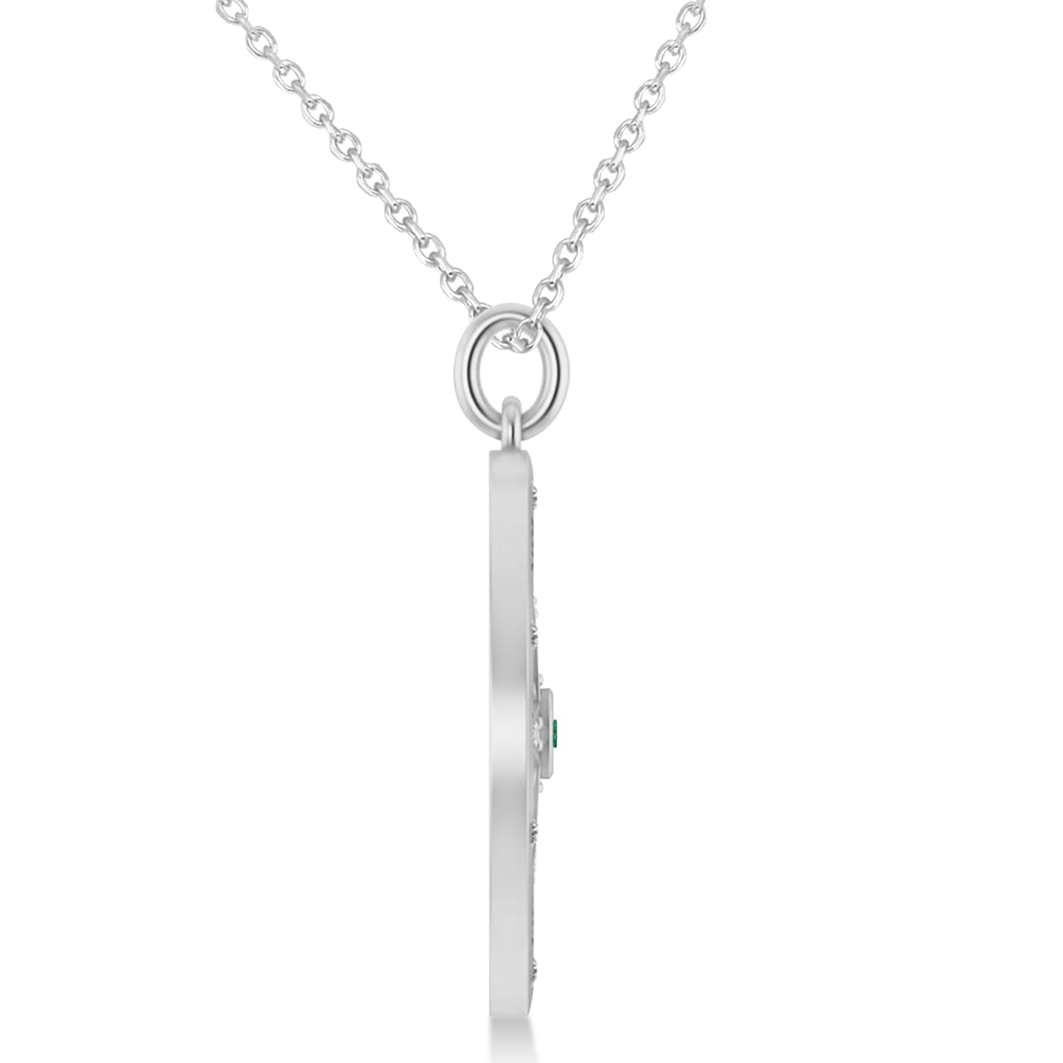Large Compass Pendant For Men Emerald & Diamond Accented 14k White Gold (0.38ct)