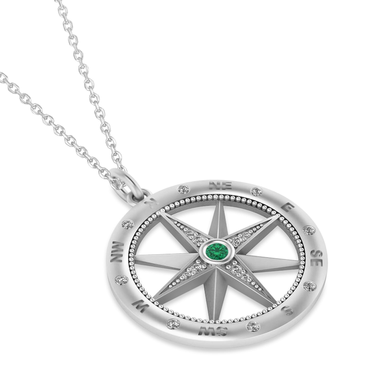 Large Compass Pendant For Men Emerald & Diamond Accented 14k White Gold (0.38ct)