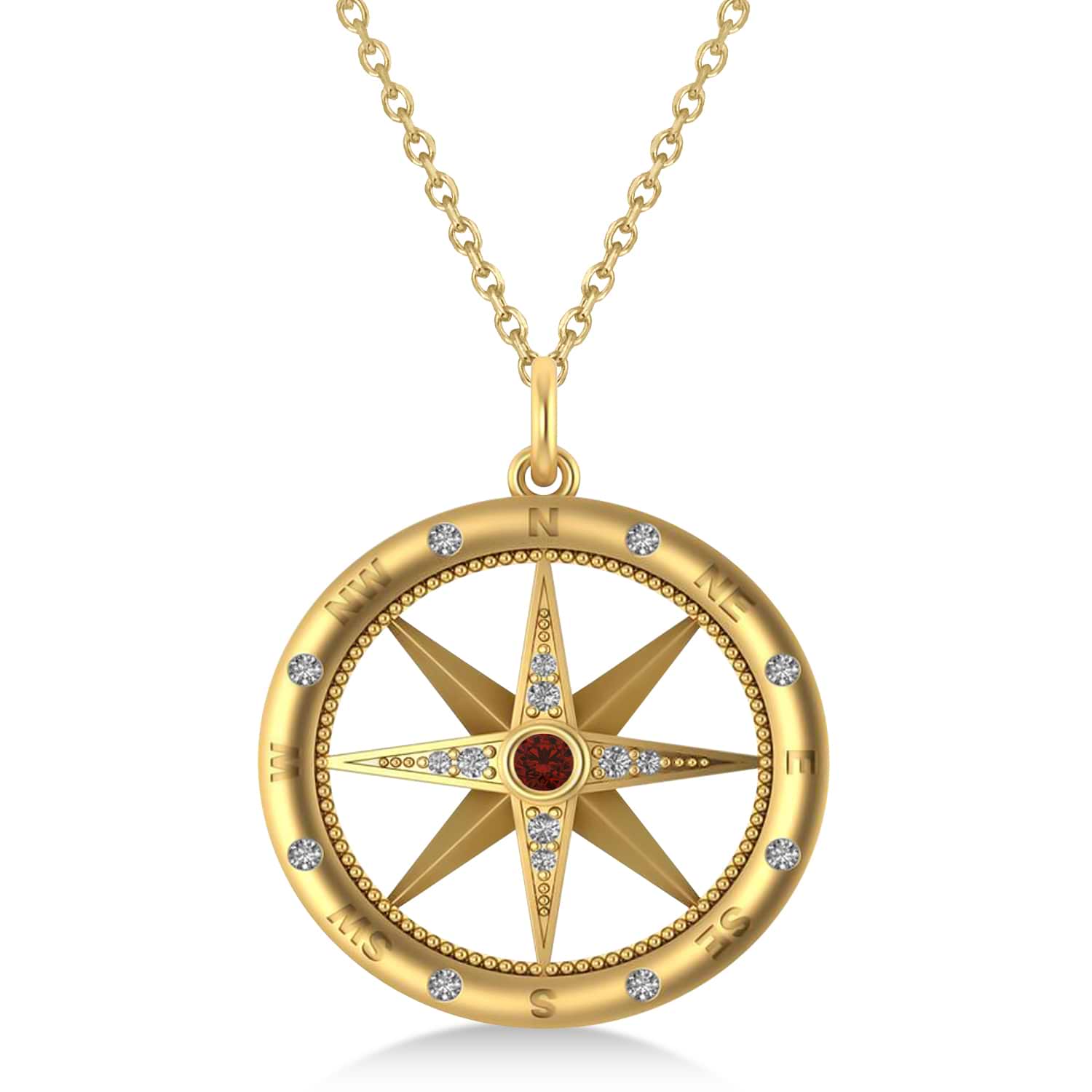 Large Compass Pendant For Men Garnet & Diamond Accented 14k Yellow Gold (0.38ct)