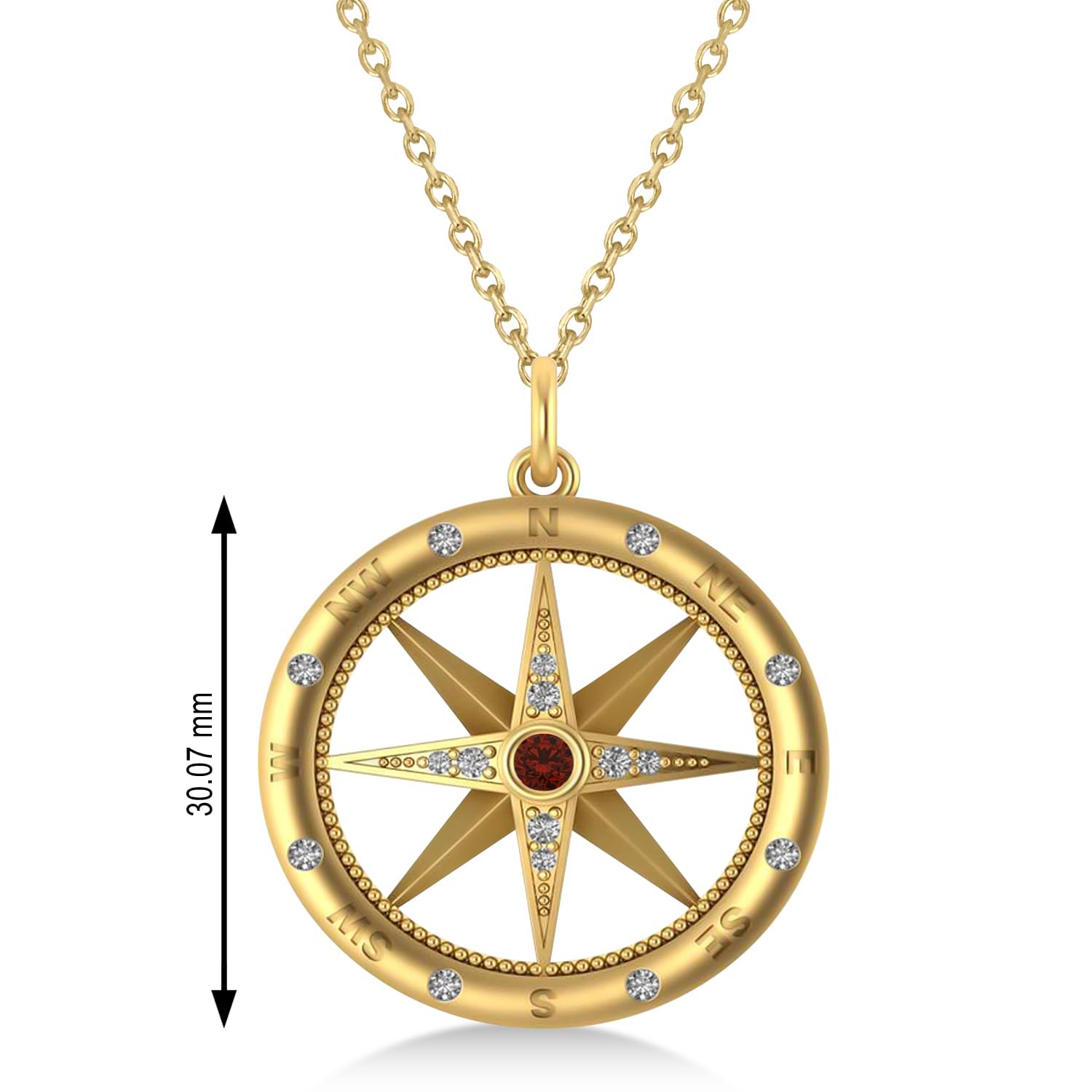 Large Compass Pendant For Men Garnet & Diamond Accented 14k Yellow Gold (0.38ct)