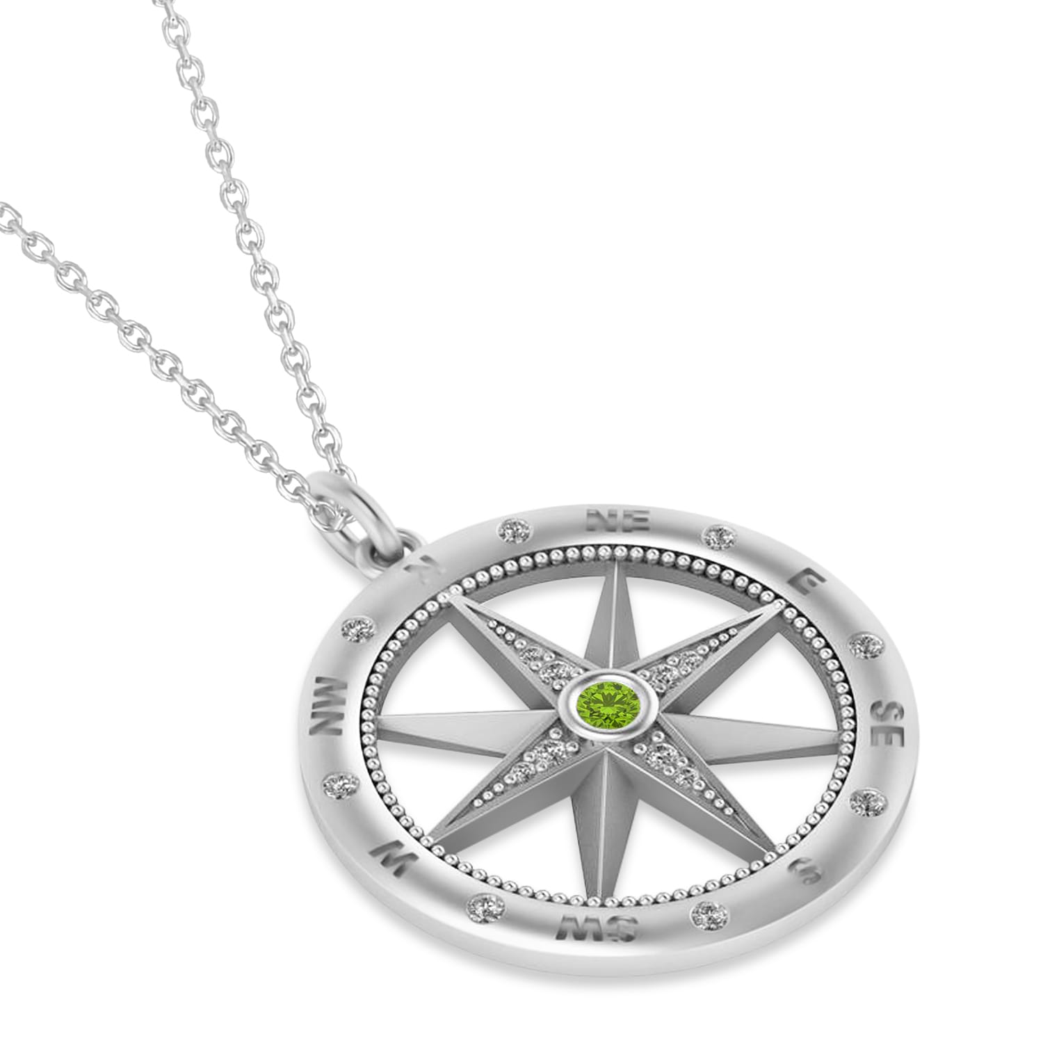 Large Compass Pendant For Men Peridot & Diamond Accented 14k White Gold (0.38ct)