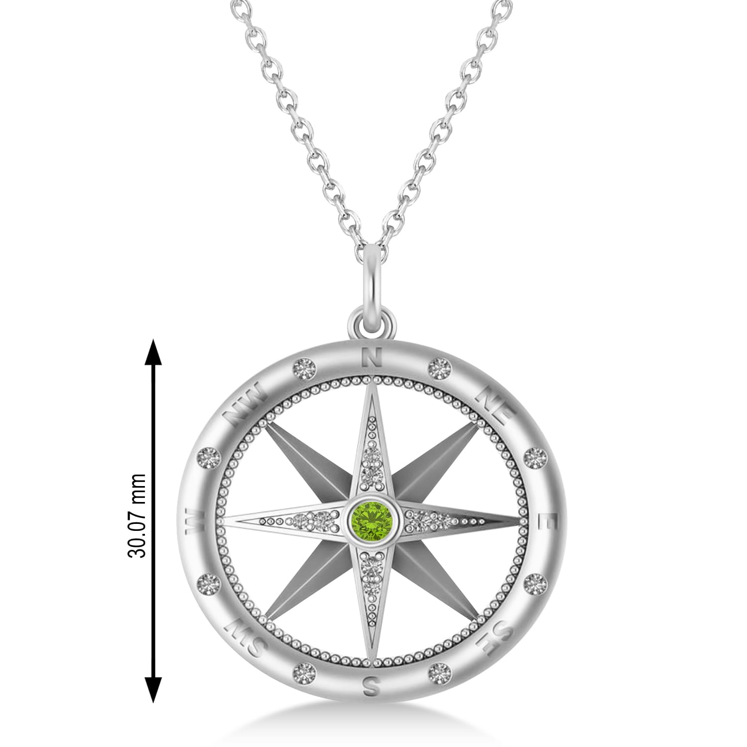 Large Compass Pendant For Men Peridot & Diamond Accented 14k White Gold (0.38ct)