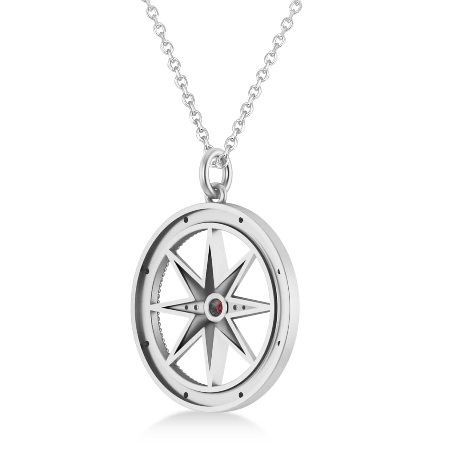 Large Compass Pendant For Men Ruby & Diamond Accented 14k White Gold (0.38ct)