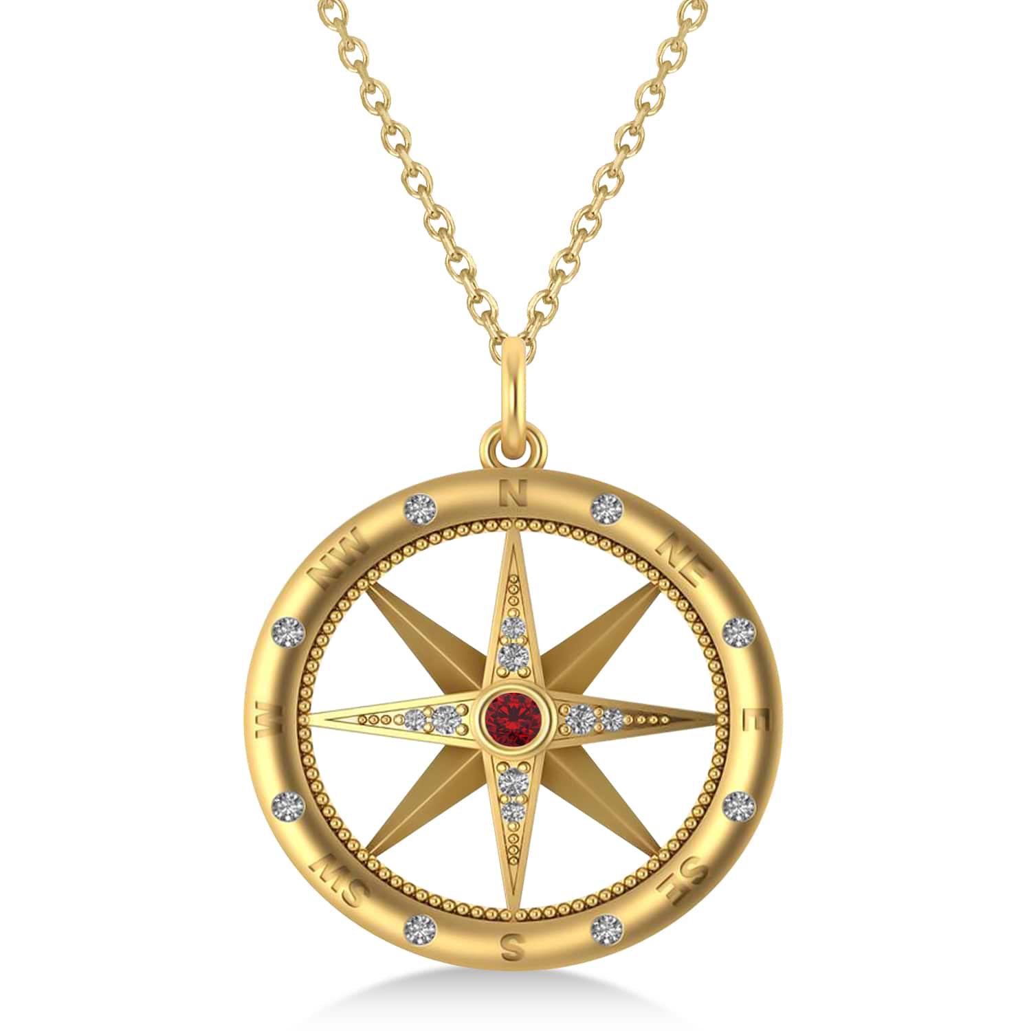 Large Compass Pendant For Men Ruby & Diamond Accented 14k Yellow Gold (0.38ct)