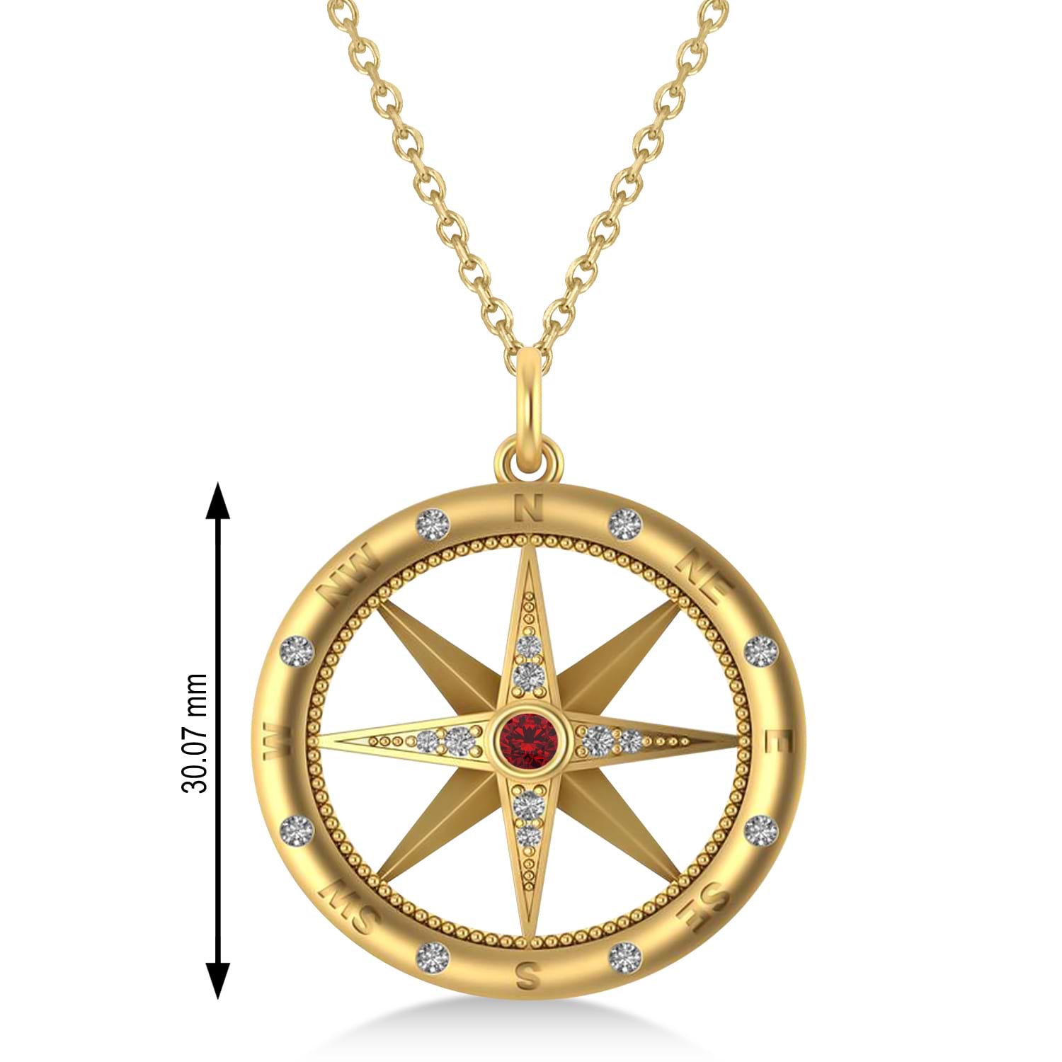 Large Compass Pendant For Men Ruby & Diamond Accented 14k Yellow Gold (0.38ct)