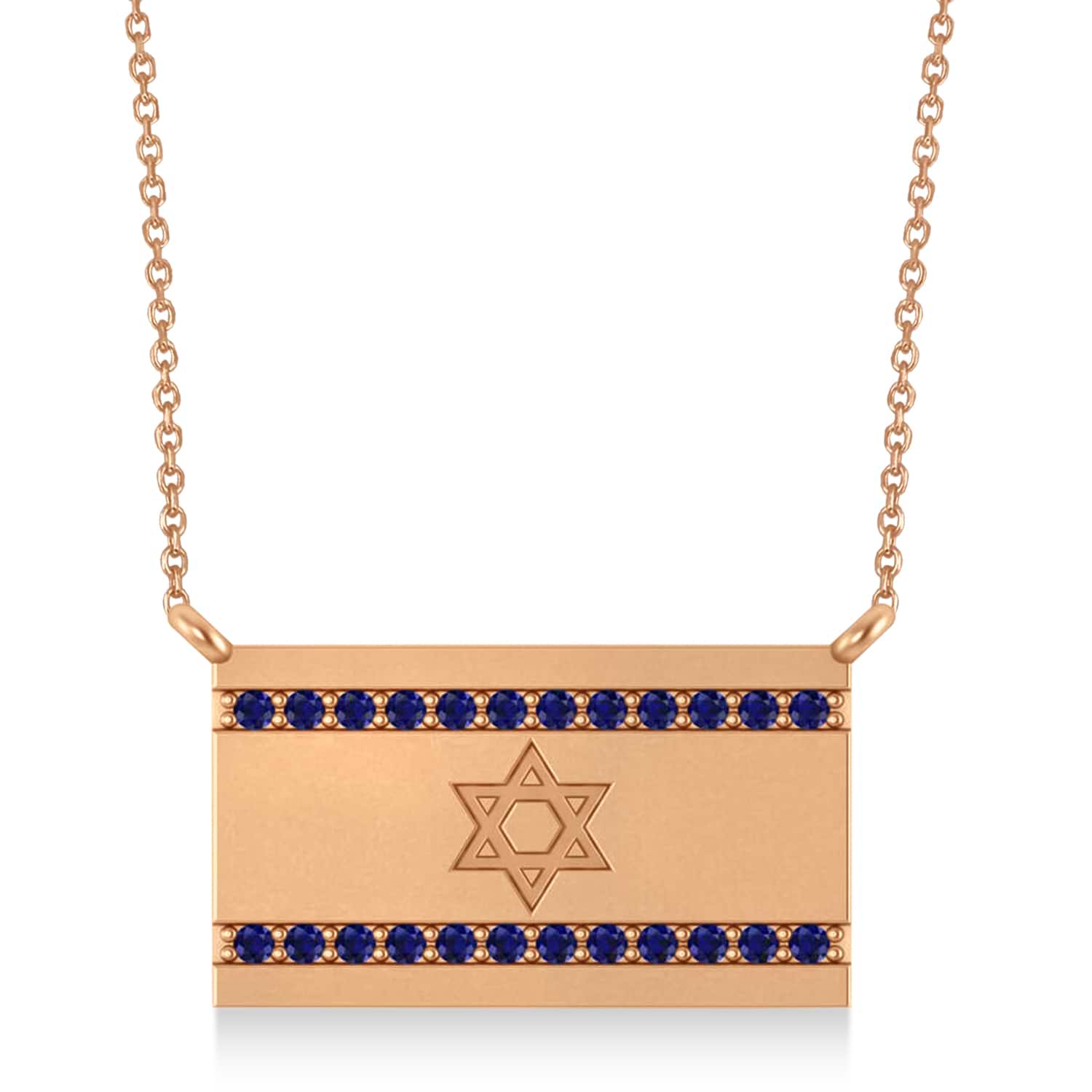 Blue Sapphire Israel Flag Pendant Necklace 14K Rose Gold (0.24 ct)