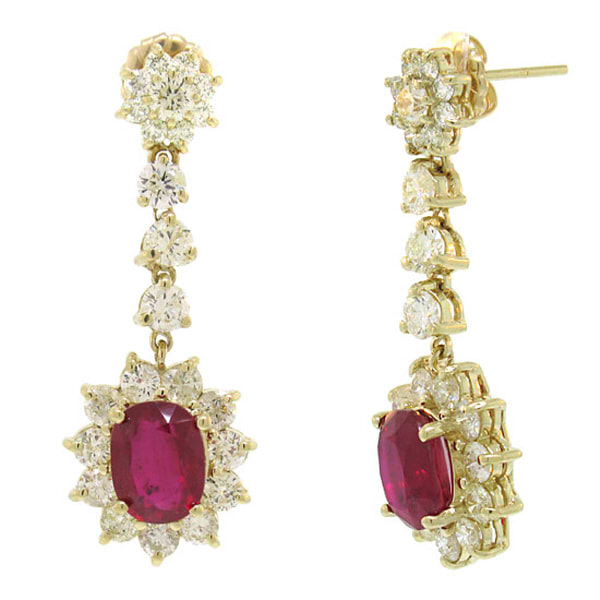 4.27ct Diamond & 7.05ct Glass Filled Ruby 14k Yellow Gold Earrings