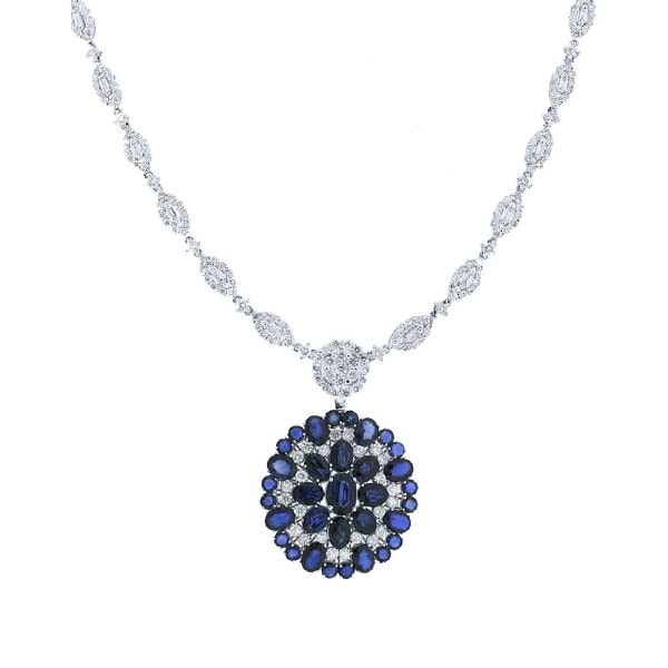 5.02ct Diamond & 27.58ct Diffused Blue Sapphire 14k White Gold Necklace