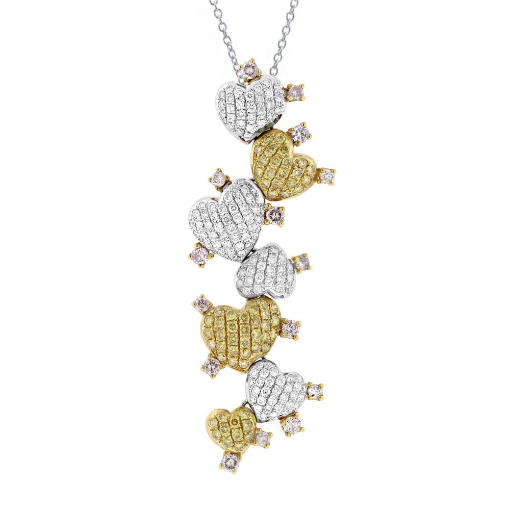 1.61ct 18k Two-tone Gold Fancy Color Diamond Hearts Pendant Necklace