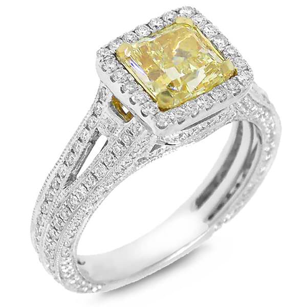 1.55ct Radiant Cut Center and 1.00ct Side 14k Two-tone Gold EGL Certified Natural Yellow Diamond Ring