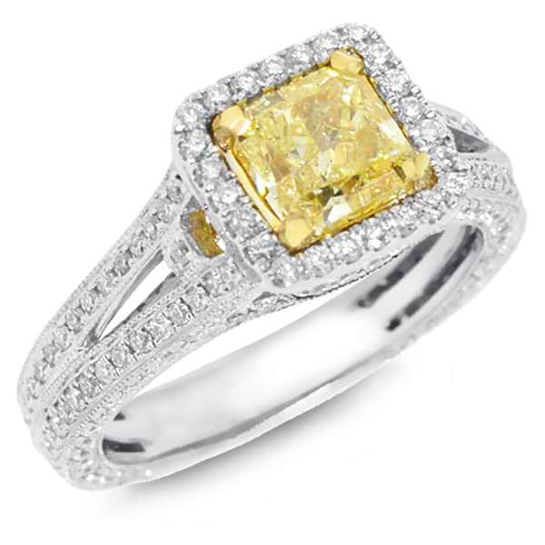 1.51ct Radiant Cut Center and 1.00ct Side 18k Two-tone Gold EGL Certified Natural Yellow Diamond Ring