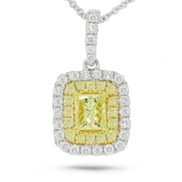 0.48ct Princess Cut Center And 0.38ct Side 14k Two-tone Gold Natural Yellow Diamond Pendant Necklace