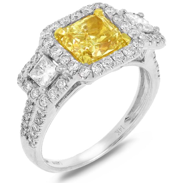 2.02ct EGL Certified Cushion Cut Center and 1.03ct Side 14k Two-tone Gold Natural Yellow Diamond Ring
