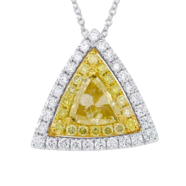 0.75ct Trilliant Cut Center And 0.58ct Side 14k Two-tone Gold Natural Yellow Diamond Pendant Necklace