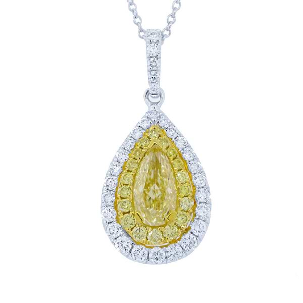 0.72ct Pear Cut Center And 0.59ct Side 14k Two-tone Gold Natural Yellow Diamond Pendant Necklace