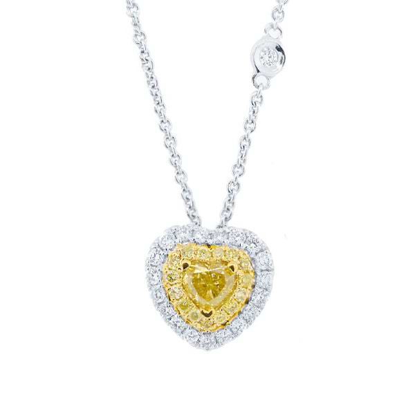 0.48ct Heart Cut Center and 0.59ct Side 14k Two-tone Gold Natural Yellow Diamond Necklace