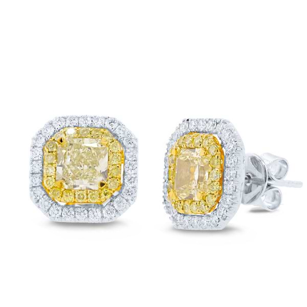 1.65ct Radiant Cut Center And 0.77ct Side 14k Two-tone Gold Natural Yellow Diamond Earrings