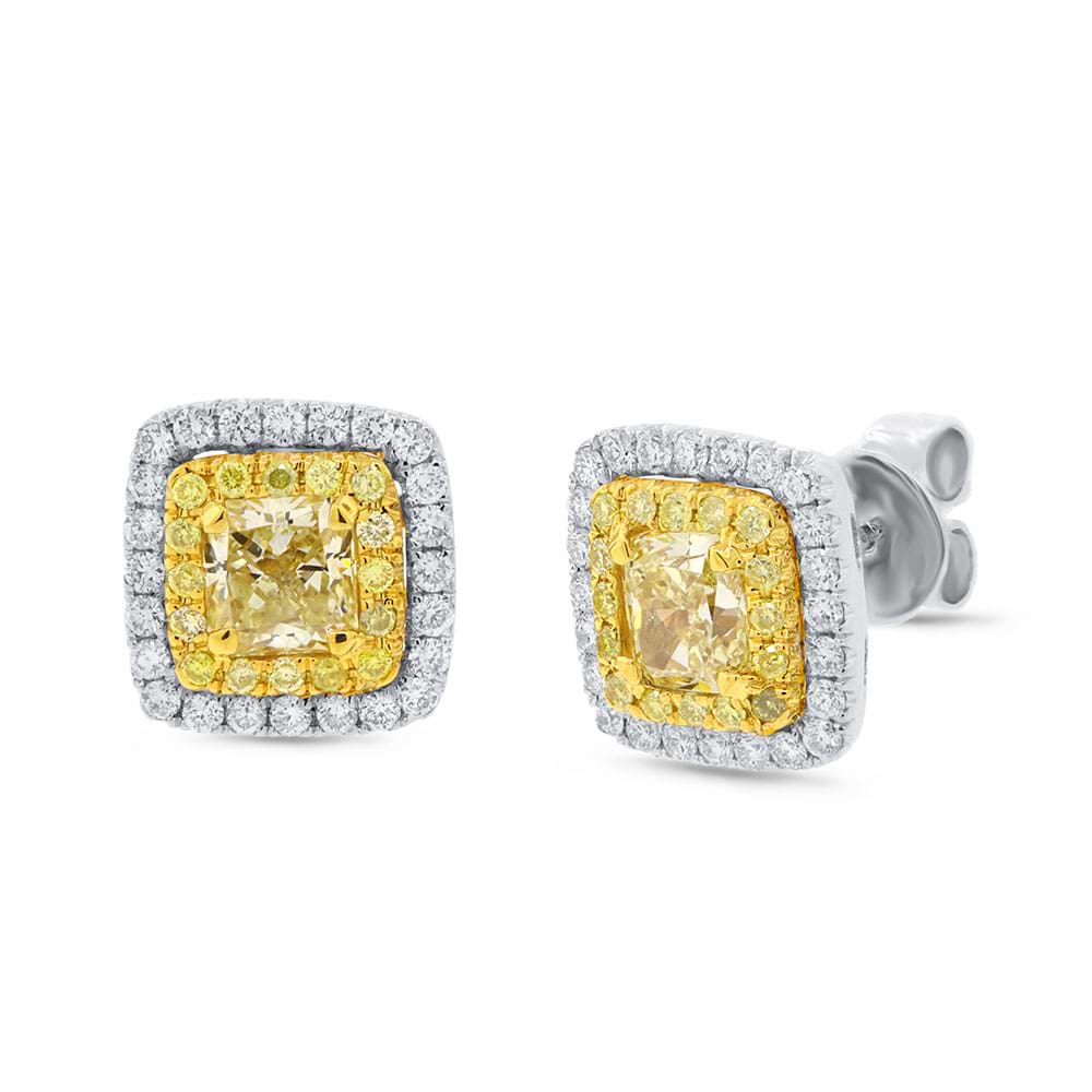 1.09ct Radiant Cut Center And 0.58ct Side 14k Two-tone Gold Natural Yellow Diamond Earrings