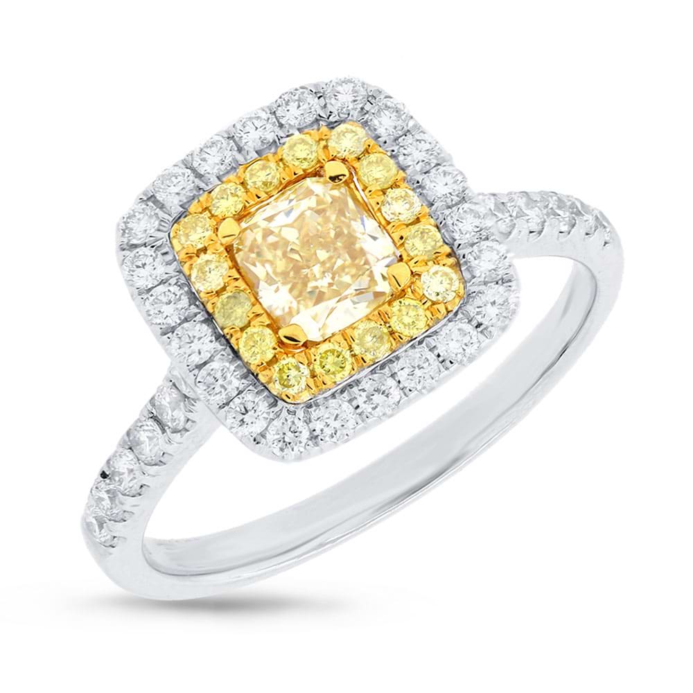 0.56ct Cushion Cut Center and 0.58ct Side 14k Two-tone Gold Natural Yellow Diamond Ring