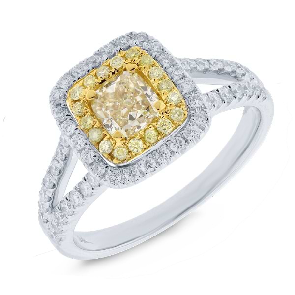 0.61ct Cushion Cut Center and 0.51ct Side 14k Two-tone Gold Natural Yellow Diamond Ring