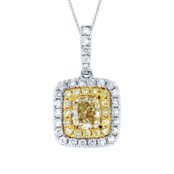 0.55ct Cushion Cut Center And 0.34ct Side 14k Two-tone Gold Natural Yellow Diamond Pendant Necklace