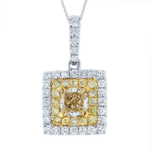 0.55ct Cushion Cut Center And 0.47ct Side 14k Two-tone Gold Natural Yellow Diamond Pendant Necklace