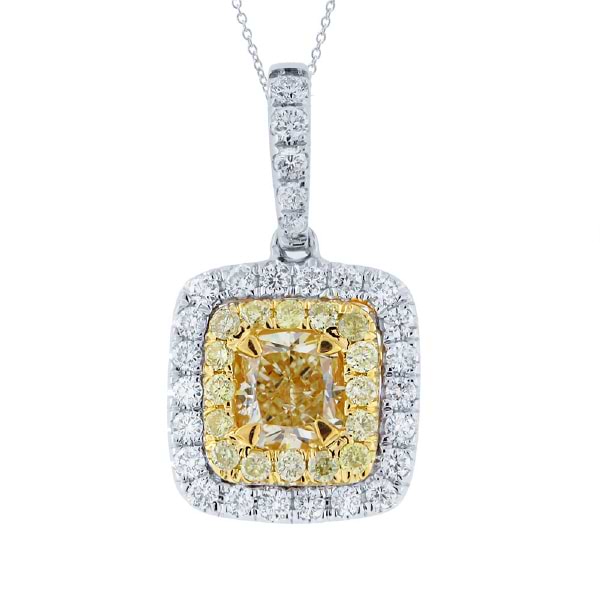 0.51ct Cushion Cut Center And 0.34ct Side 14k Two-tone Gold Natural Yellow Diamond Pendant Necklace