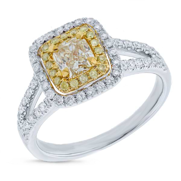 0.57ct Cushion Cut Center and 0.48ct Side 14k Two-tone Gold Natural Yellow Diamond Ring