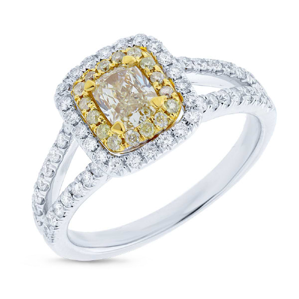 0.57ct Cushion Cut Center and 0.53ct Side 14k Two-tone Gold Natural Yellow Diamond Ring