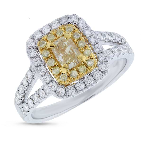 0.51ct Cushion Cut Center and 0.68ct Side 14k Two-tone Gold Natural Yellow Diamond Ring