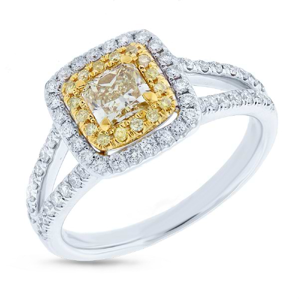0.51ct Radiant Cut Center and 0.69ct Side 14k Two-tone Gold Natural Yellow Diamond Ring