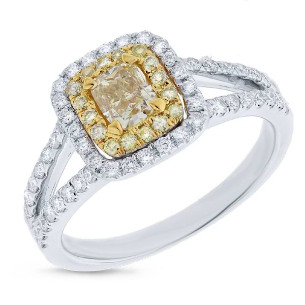 0.51ct Cushion Cut Center and 0.48ct Side 14k Two-tone Gold Natural Yellow Diamond Ring