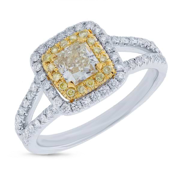 0.54ct Radiant Cut Center and 0.47ct Side 14k Two-tone Gold Natural Yellow Diamond Ring