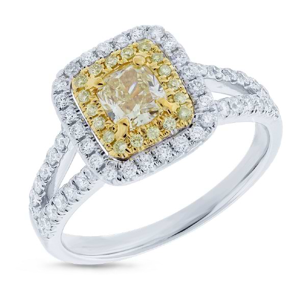 0.54ct Cushion Cut Center and 0.48ct Side 14k Two-tone Gold Natural Yellow Diamond Ring